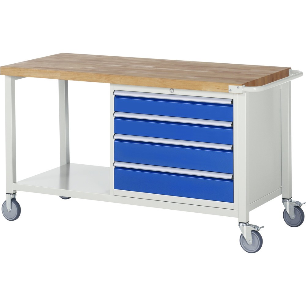 RAU mobile Werkbank Serie 8000, 1 Ablageboden, HxBxT 880 x 1.500 x 700 mm, 4 x 90%-Auszug-Schubladen, Schubladen-TK 75 kg