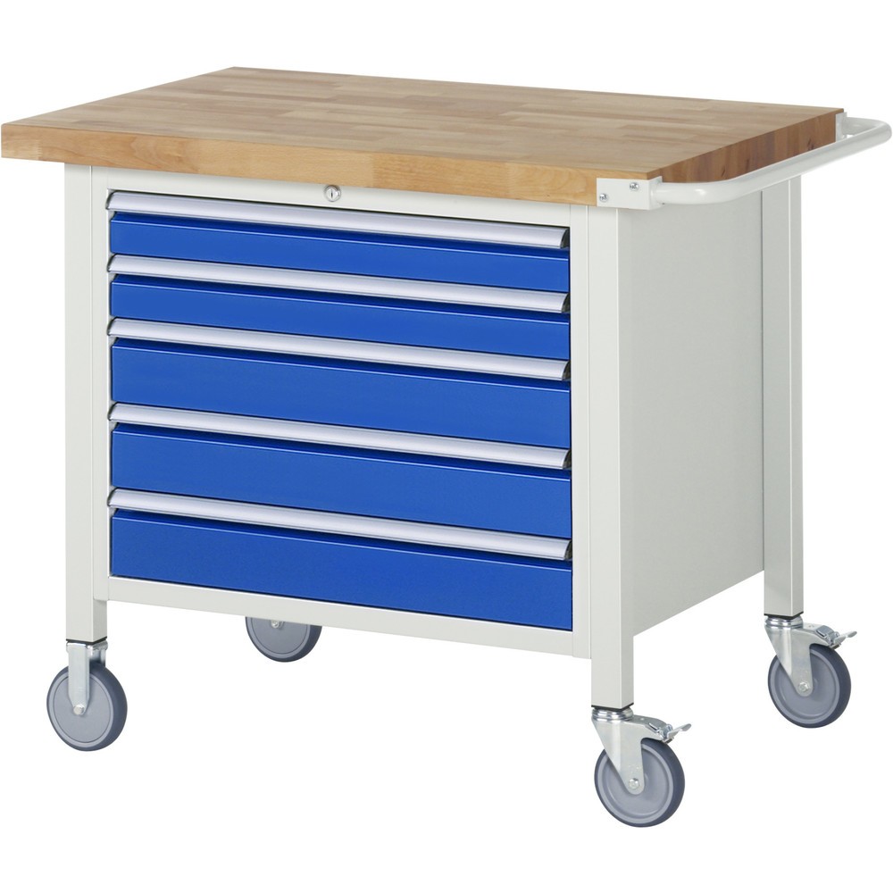 RAU mobile Werkbank Serie 8000, 1 Container, HxBxT 880-1.080 x 1.000 x 700 mm, 5 x 100%-Auszug-Schubladen, Breite 680 mm