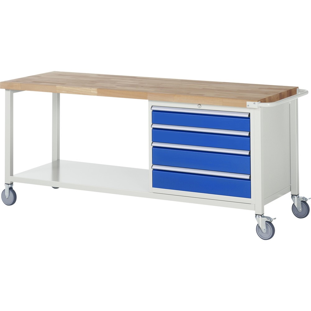 RAU mobile Werkbank Serie 8000, 1 Ablageboden, HxBxT 880-1.080 x 2.000 x 700 mm, 4 x 100%-Auszug-Schubladen, Breite 680 mm