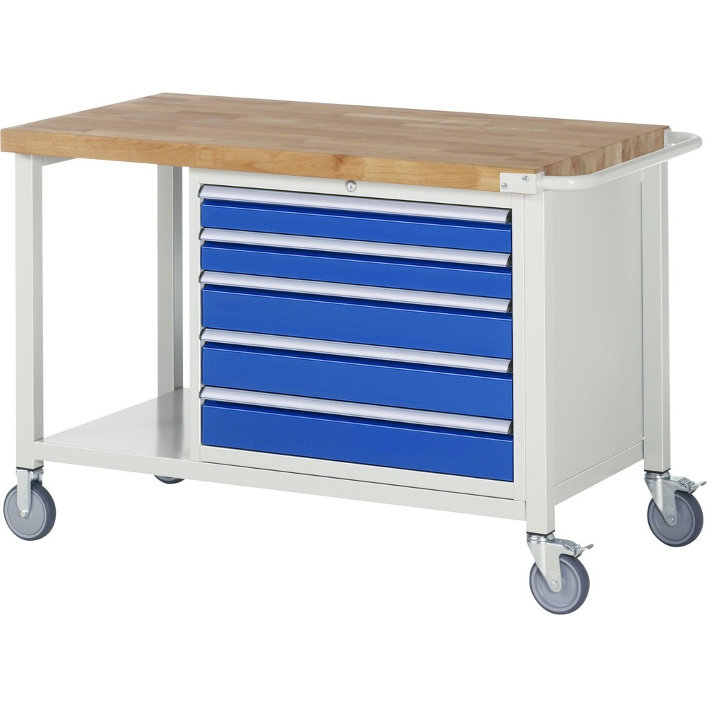 RAU mobile Werkbank Serie 8000, 1 Ablageboden, HxBxT 880 x 1.250 x 700 mm, 5 x 90%-Auszug-Schubladen, Breite 680 mm