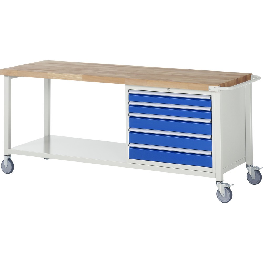 RAU mobile Werkbank Serie 8000, 1 Ablageboden, HxBxT 880 x 2.000 x 700 mm, 5 x 90%-Auszug-Schubladen, Breite 680 mm