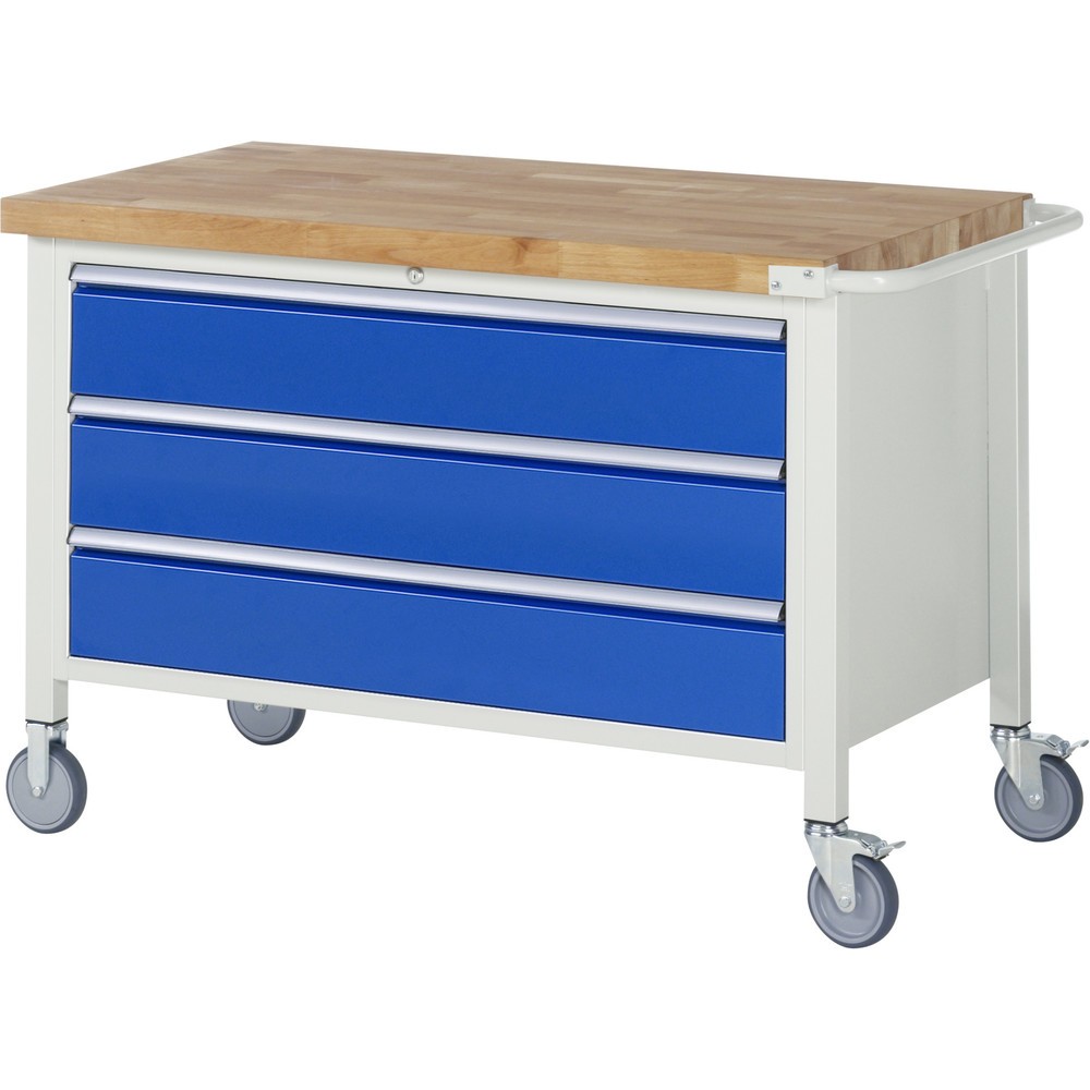 RAU mobile Werkbank Serie 8000, HxBxT 880-1.080 x 1.250 x 700 mm, 1 Container, 3 x 90%-Auszug-Schubladen, Breite 1.055 mm