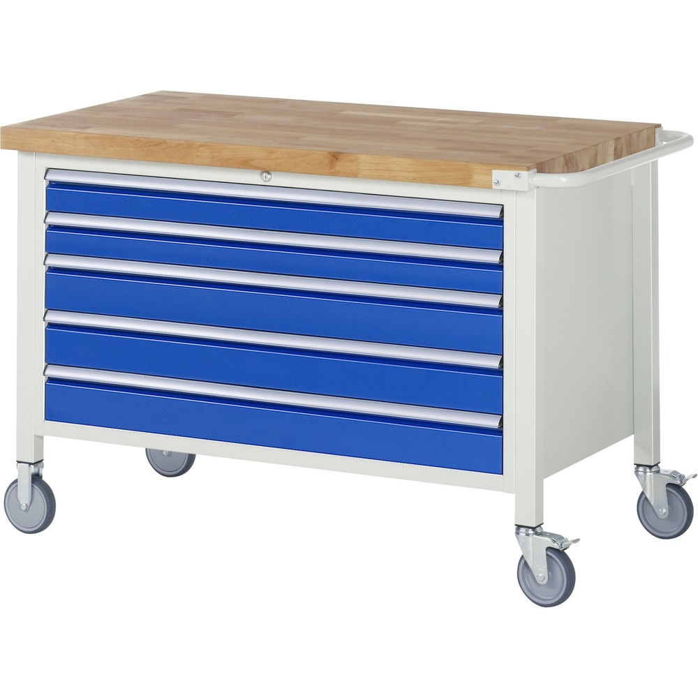 RAU mobile Werkbank Serie 8000, 1 Container, HxBxT 880-1.080 x 1.250 x 700 mm, 5 x 100%-Auszug-Schubladen, Breite 1.055 mm
