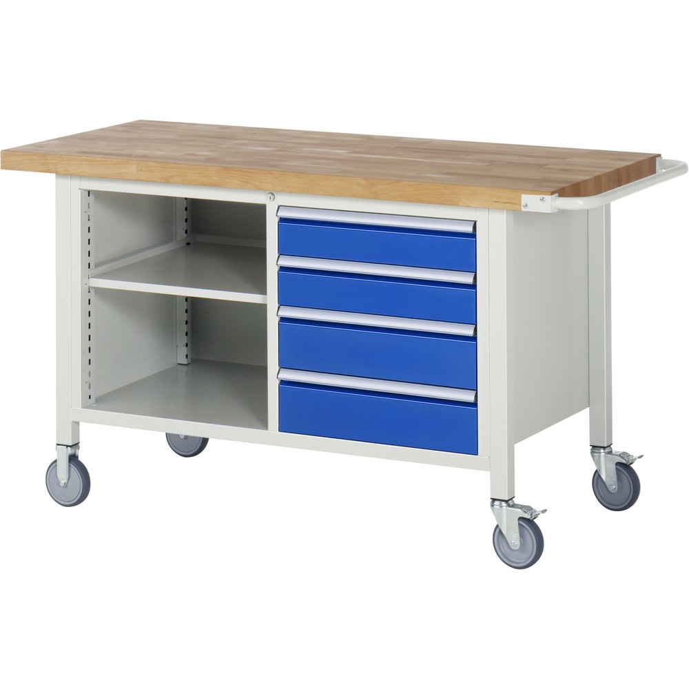 RAU mobile Werkbank Serie 8000, 1 Doppel-Container, 1 Fachboden, HxBxT 880 x 1.500 x 700 mm, 4 x 100%-Auszug-Schubladen