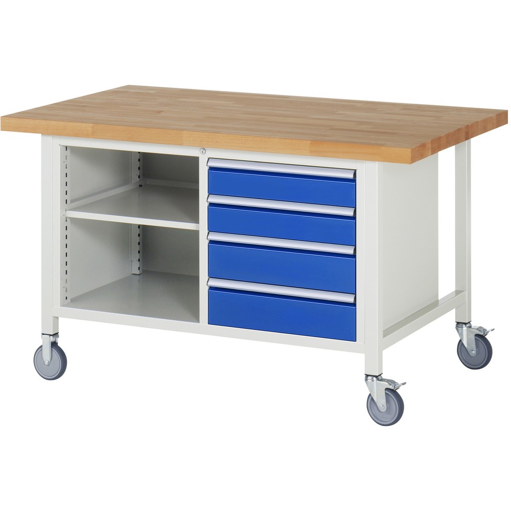 RAU mobile Werkbank Serie 8000, 1 Doppel-Container, 1 Fachboden, HxBxT 880-1.080 x 1.500 x 900 mm, 4 x 100%-Auszug-Schubladen