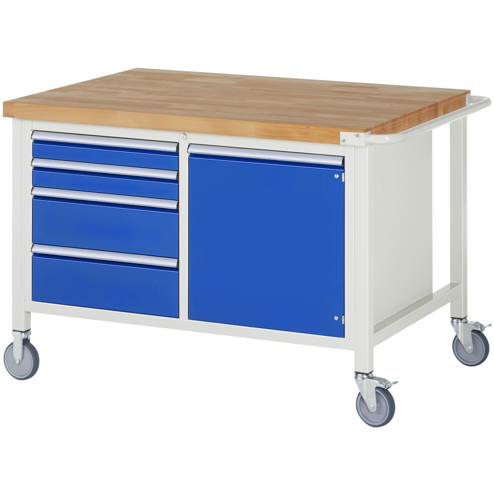 RAU mobile Werkbank Serie 8000, 1 Doppel-Container, 1 Flügeltür, HxBxT 880 x 1.250 x 900 mm, 4 x 90%-Auszug-Schubladen