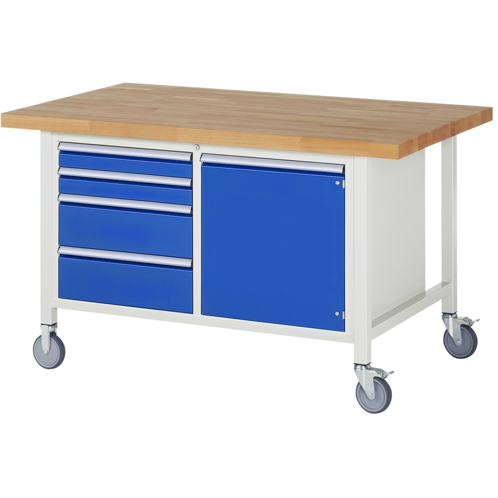 RAU mobile Werkbank Serie 8000, 1 Doppel-Container, 1 Flügeltür, HxBxT 880-1.080 x 1.500 x 900 mm, 4 x 100%-Auszug-Schubladen