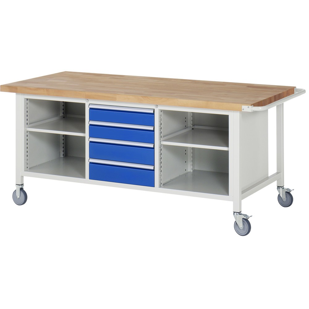 RAU mobile Werkbank Serie 8000, 1 Dreifach-Container, 2 Fachböden, HxBxT 880 x 2.000 x 900 mm, 4 x 100%-Auszug-Schubladen