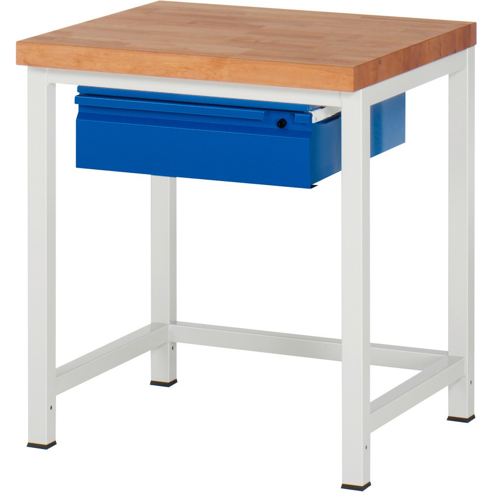 RAU Werkbank Serie 8000, Buche-Massiv-Arbeitsplatte, Stärke 40 mm, HxBxT 840-1.040 x 750 x 700 mm, 1 Schublade 1 x 150 mm