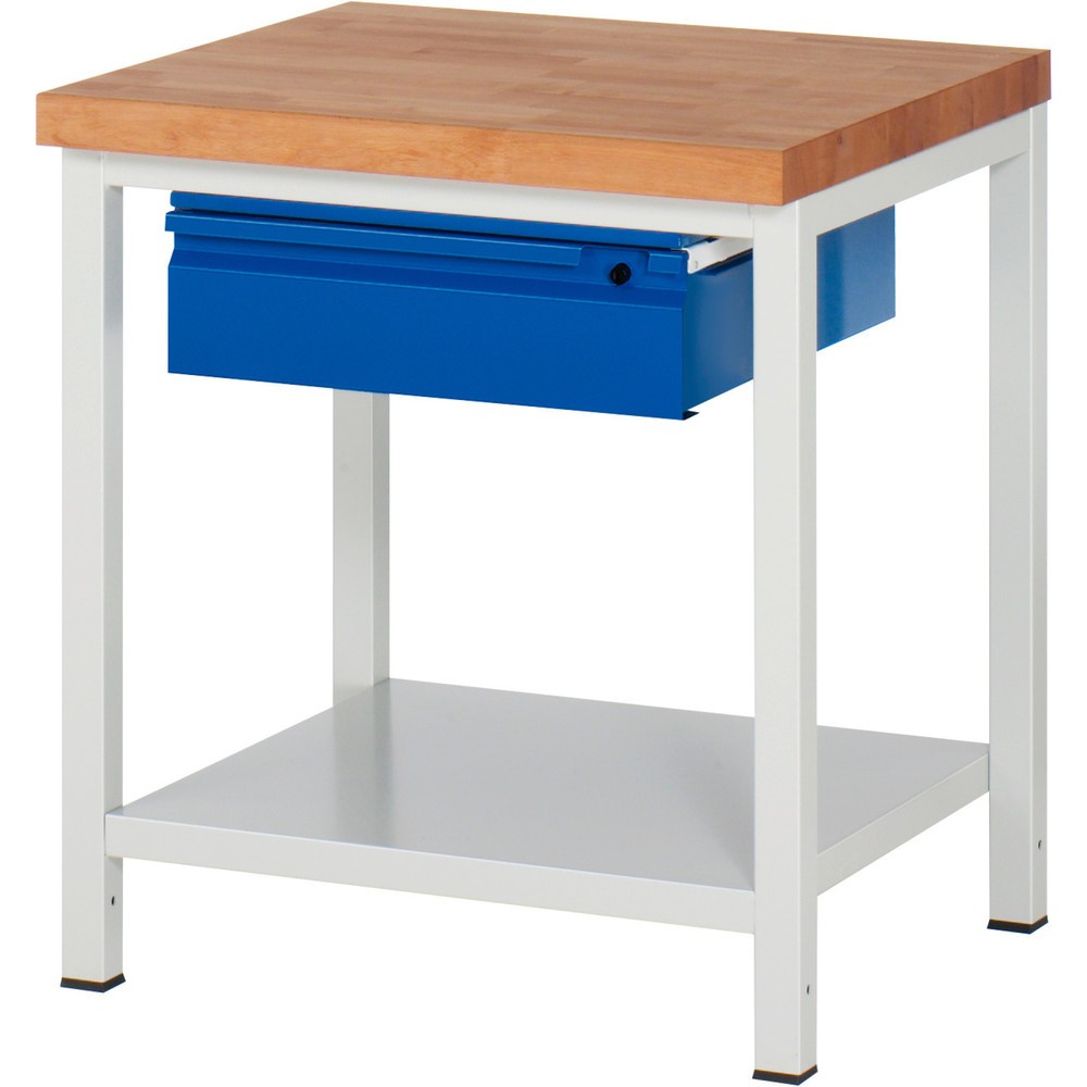 RAU Werkbank Serie 8000, Buche-Massiv-Arbeitsplatte, Stärke 40 mm, HxBxT 840 x 750 x 700 mm, 1 Schublade, 1 Ablageboden Tiefe 650 mm