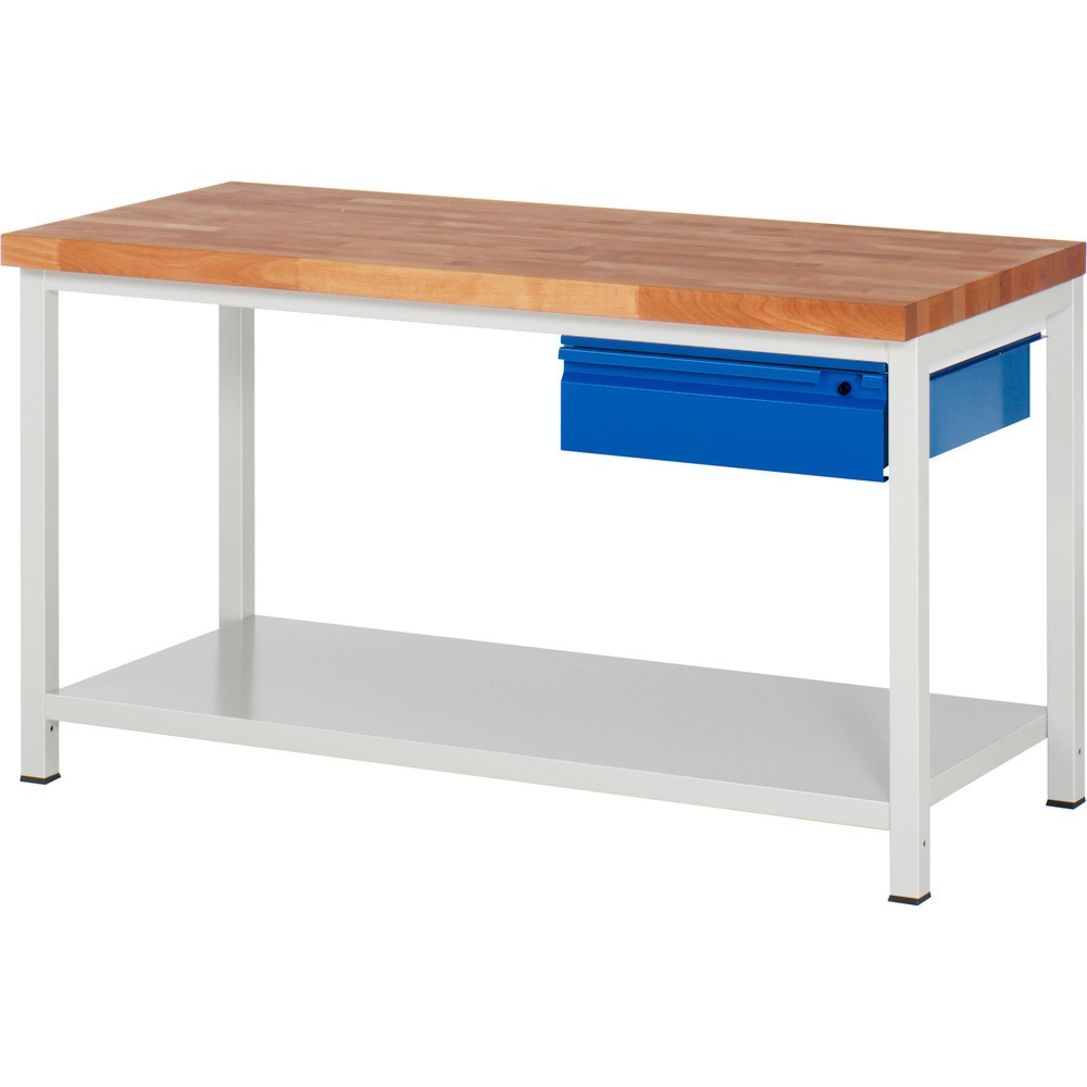 RAU Werkbank Serie 8000, Buche-Massiv-Arbeitsplatte, Stärke 40 mm, HxBxT 840-1.040 x 1.500 x 700 mm, 1 Schublade, 1 Ablageboden Tiefe 650 mm