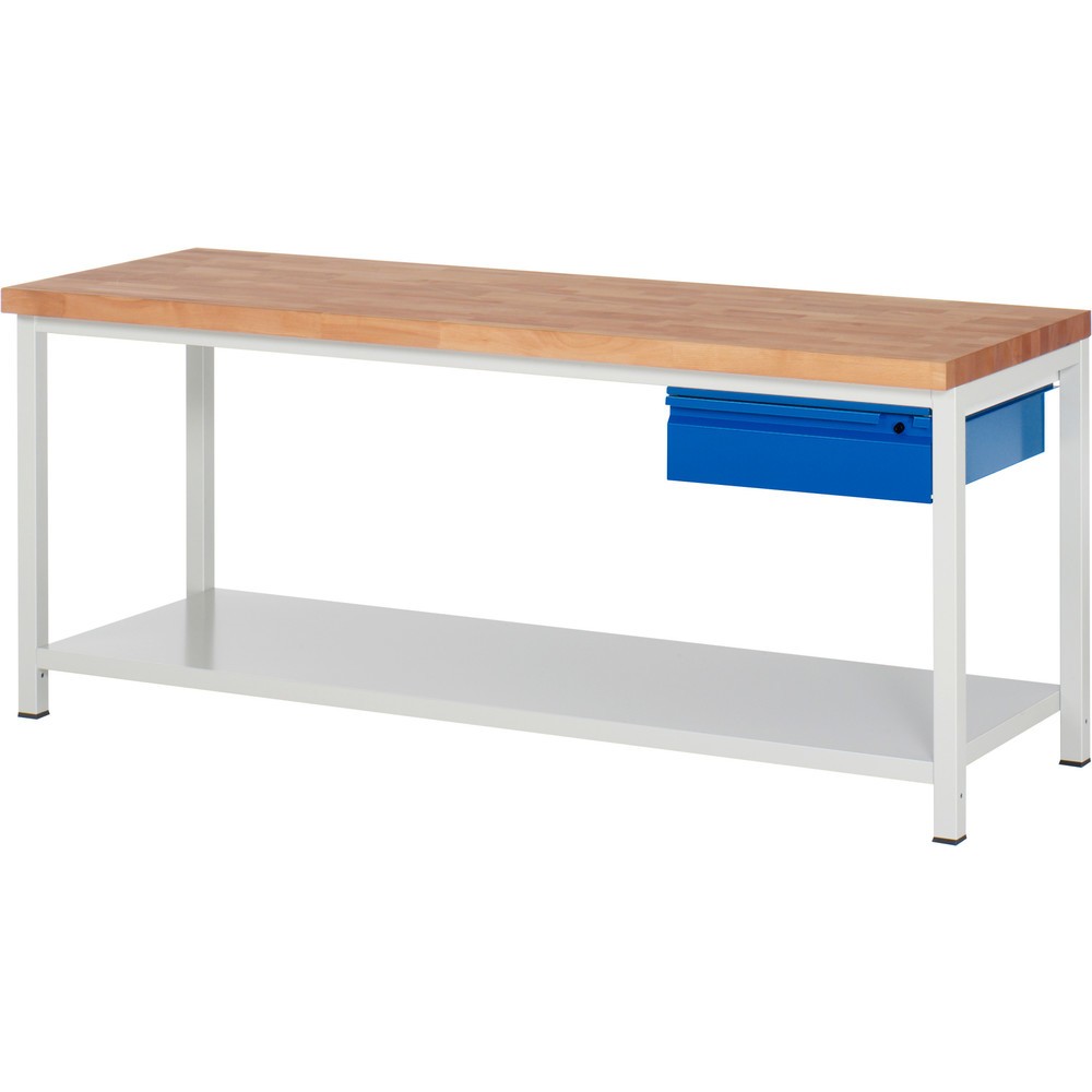 RAU Werkbank Serie 8000, Buche-Massiv-Arbeitsplatte, Stärke 40 mm, HxBxT 840 x 2.000 x 700 mm, 1 Schublade, 1 Ablageboden Tiefe 650 mm