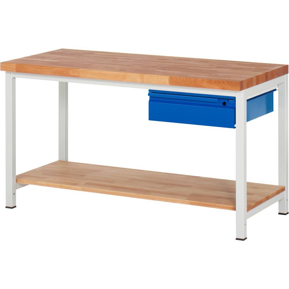 RAU Werkbank Serie 8000, Buche-Massiv-Arbeitsplatte, Stärke 40 mm, HxBxT 840-1.040 x 1.500 x 700 mm, 1 Schublade, 1 Ablageboden Tiefe 557 mm
