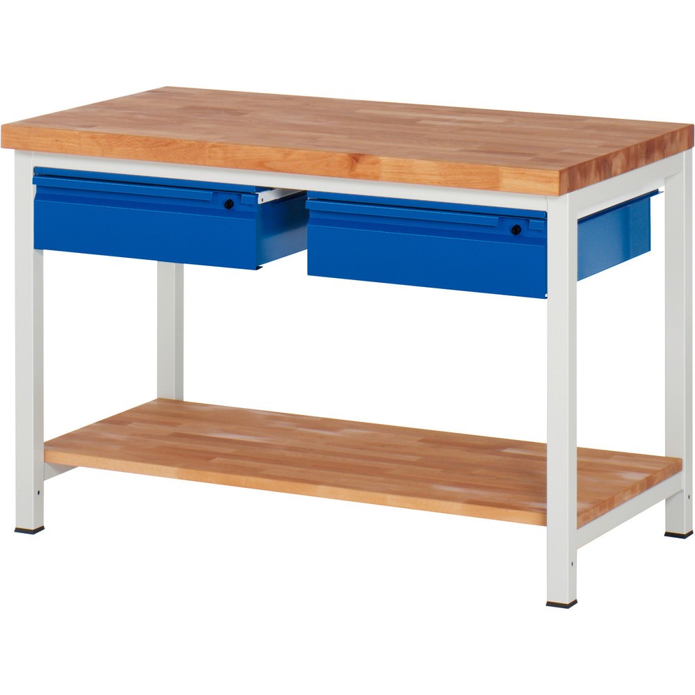 RAU Werkbank Serie 8000, Buche-Massiv-Arbeitsplatte, Stärke 40 mm, HxBxT 840-1.040 x 1.250 x 700 mm, 2 Schubladen, 1 Ablageboden Tiefe 557 mm