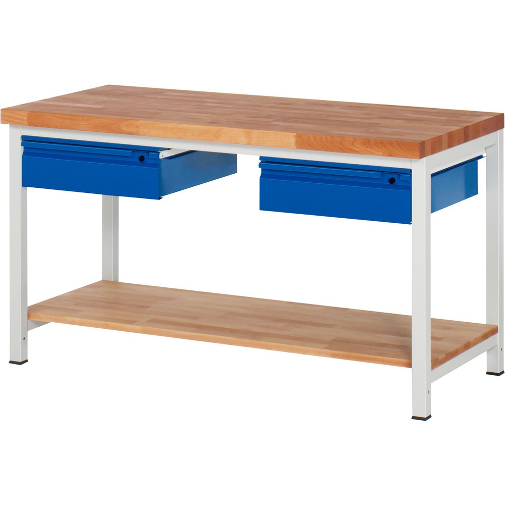 RAU Werkbank Serie 8000, Buche-Massiv-Arbeitsplatte, Stärke 40 mm, HxBxT 840-1.040 x 1.500 x 700 mm, 2 Schubladen, 1 Ablageboden Tiefe 557 mm