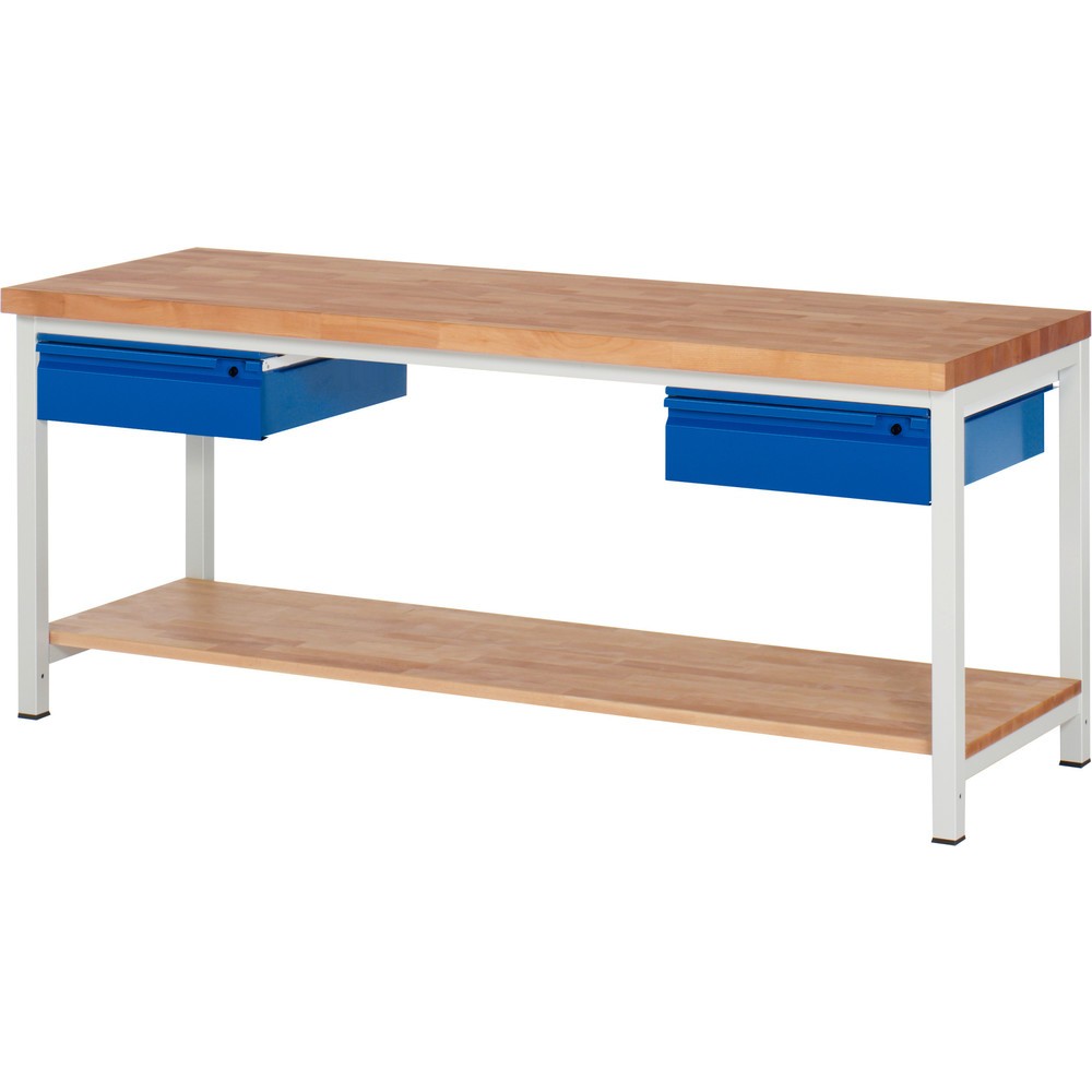RAU Werkbank Serie 8000, Buche-Massiv-Arbeitsplatte, Stärke 40 mm, HxBxT 840 x 2.000 x 700 mm, 2 Schubladen, 1 Ablageboden Tiefe 557 mm