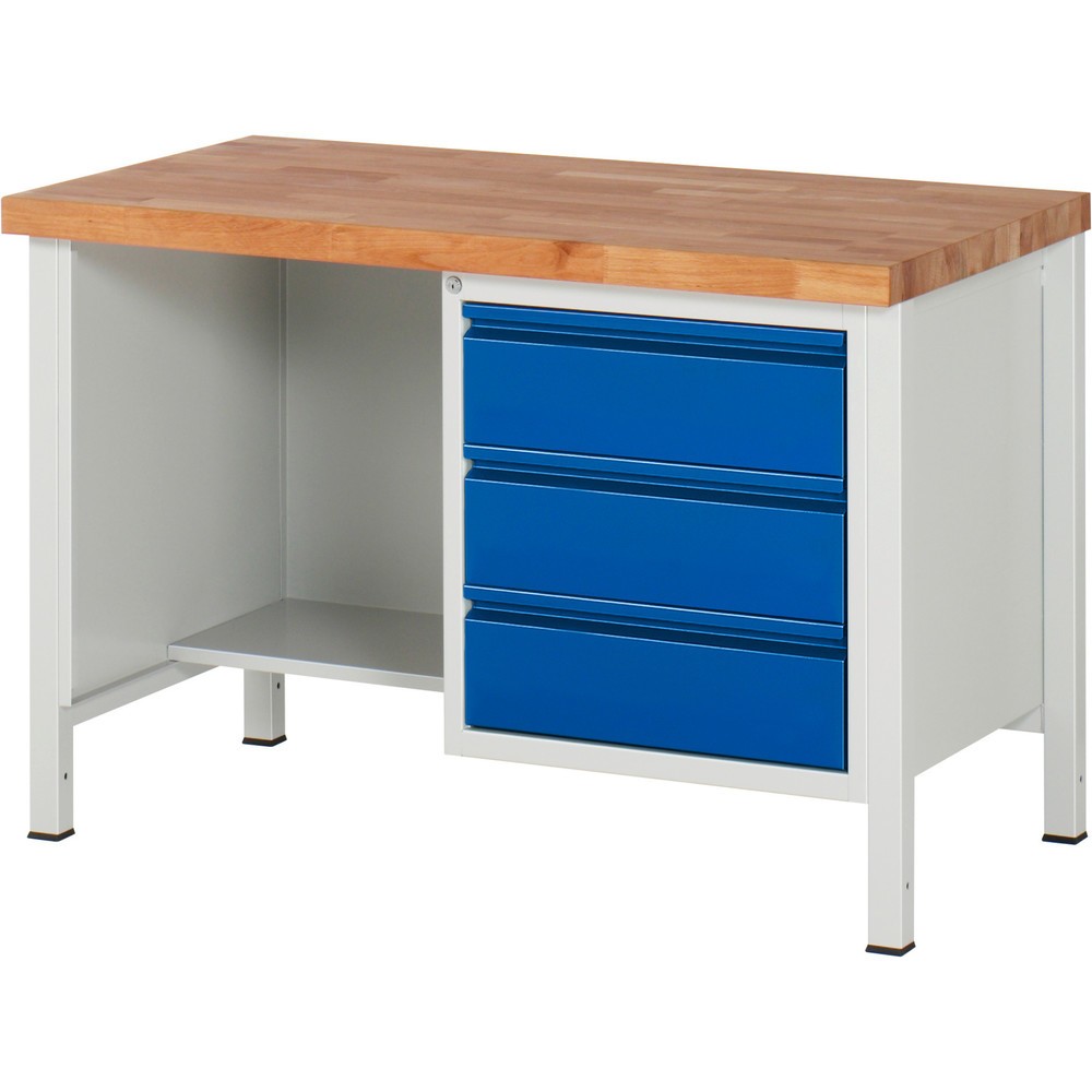 RAU Werkbank Serie 8000, 1 Ablageboden, HxBxT 840-1.040 x 1.250 x 700 mm, 3 x 90% Auszugs-Schubladen, integrierte Griffleiste