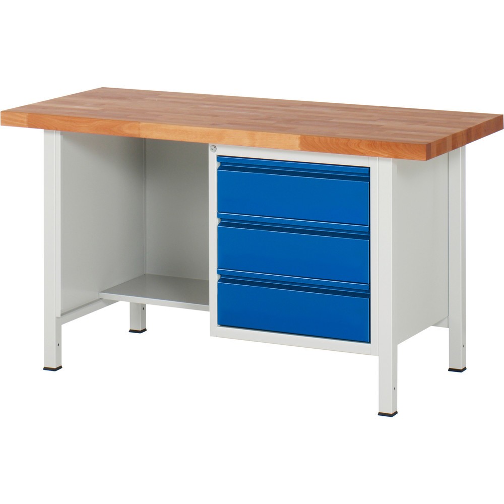 RAU Werkbank Serie 8000, 1 Ablageboden, HxBxT 840-1.040 x 1.500 x 700 mm, 3 x 90% Auszugs-Schubladen, integrierte Griffleiste