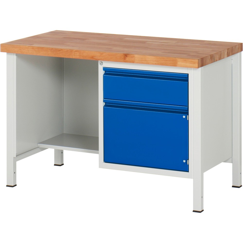 RAU Werkbank Serie 8000, 1 Ablageboden, 1 Flügeltür, HxBxT 840-1.040 x 1.250 x 700 mm, 1 x 90%-Auszug-Schublade, Griffleiste