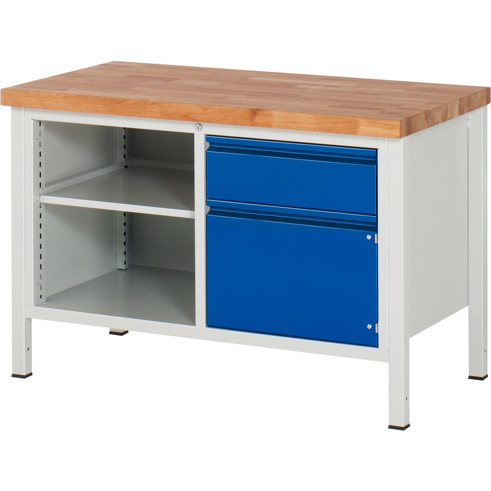 RAU Werkbank Serie 8000, 1 Doppel-Container, 1 Fachboden, 1 Flügeltür, HxBxT 840-1.040 x 1.250 x 700 mm, 1 x 90%-Auszug-Schublade, Griffleiste