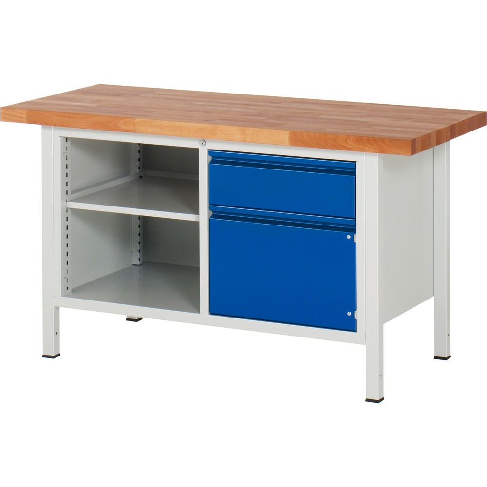RAU Werkbank Serie 8000, 1 Doppel-Container, 1 Fachboden, 1 Flügeltür, HxBxT 840-1.040 x 1.500 x 700 mm, 1 x 90%-Auszug-Schublade, Griffleiste