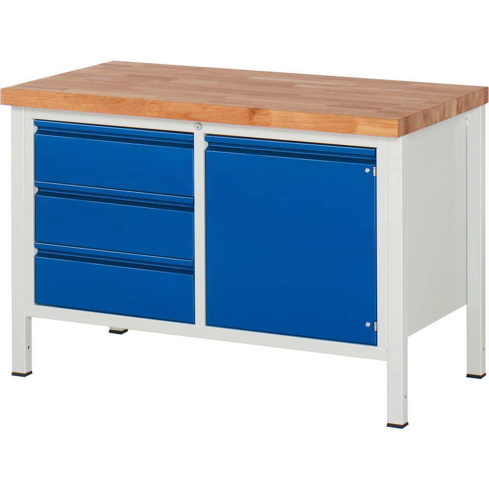 RAU Werkbank Serie 8000, 1 Doppel-Container, 1 Flügeltür, HxBxT 840-1.040 x 1.250 x 700 mm, 3 x 90%-Auszug-Schubladen, Griffleiste
