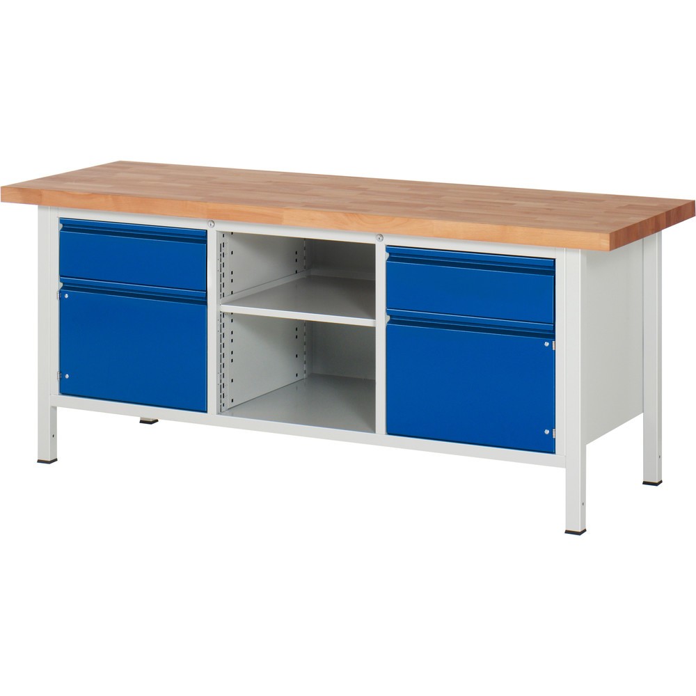 RAU Werkbank Serie 8000, 1 Dreifach-Container, 1 Fachboden, 2 Flügeltüren, HxBxT 840-1.040 x 2.000 x 700 mm, 2 x 90%-Auszug-Schubladen, integrierte Griffleiste