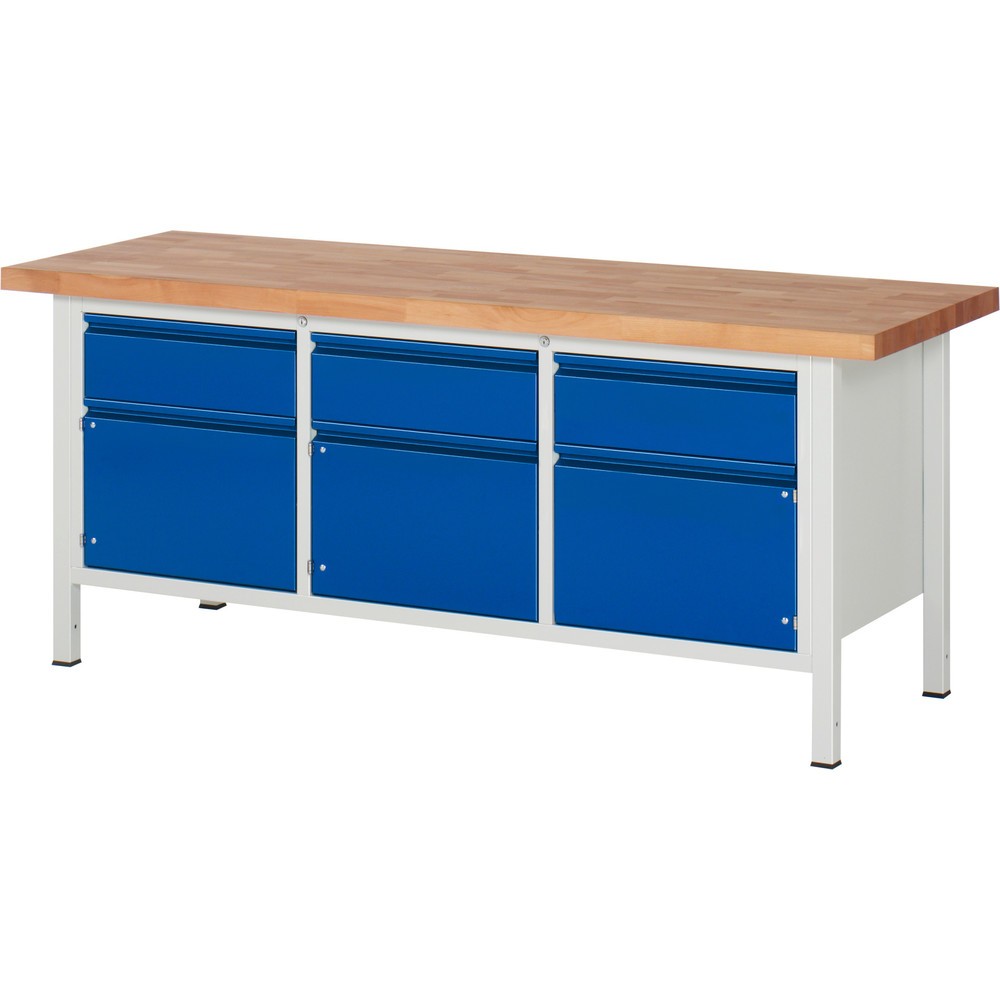 RAU Werkbank Serie 8000, 1 Dreifach-Container, 3 Flügeltüren, HxBxT 840-1.040 x 2.000 x 700 mm, 3 x 90%-Auszug-Schubladen, integrierte Griffleiste