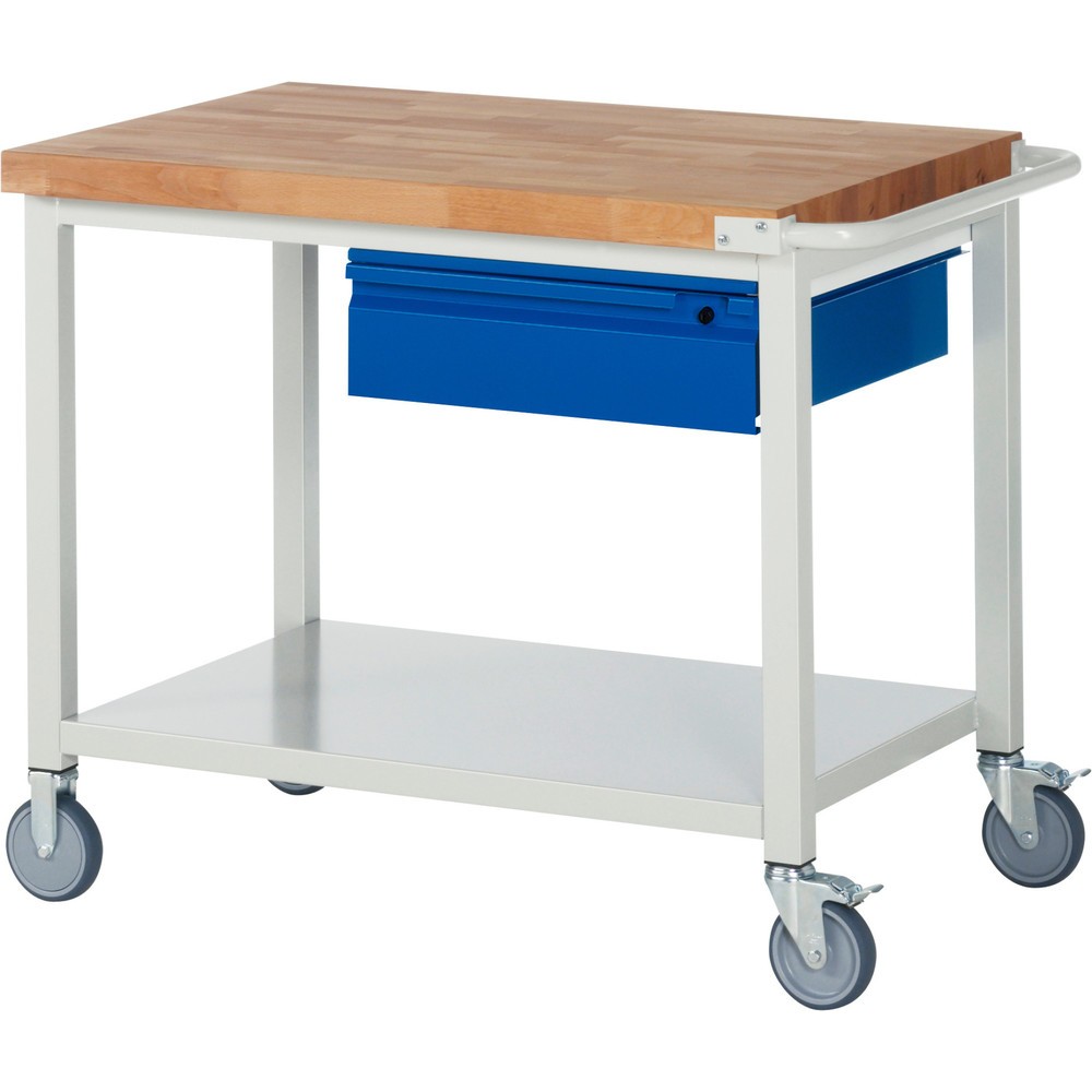 RAU mobile Werkbank Serie 8000, Buche-Massiv-Arbeitsplatte, Stärke 40 mm, HxBxT 880 x 1.000 x 700 mm, 1 Schublade, 1 Ablageboden