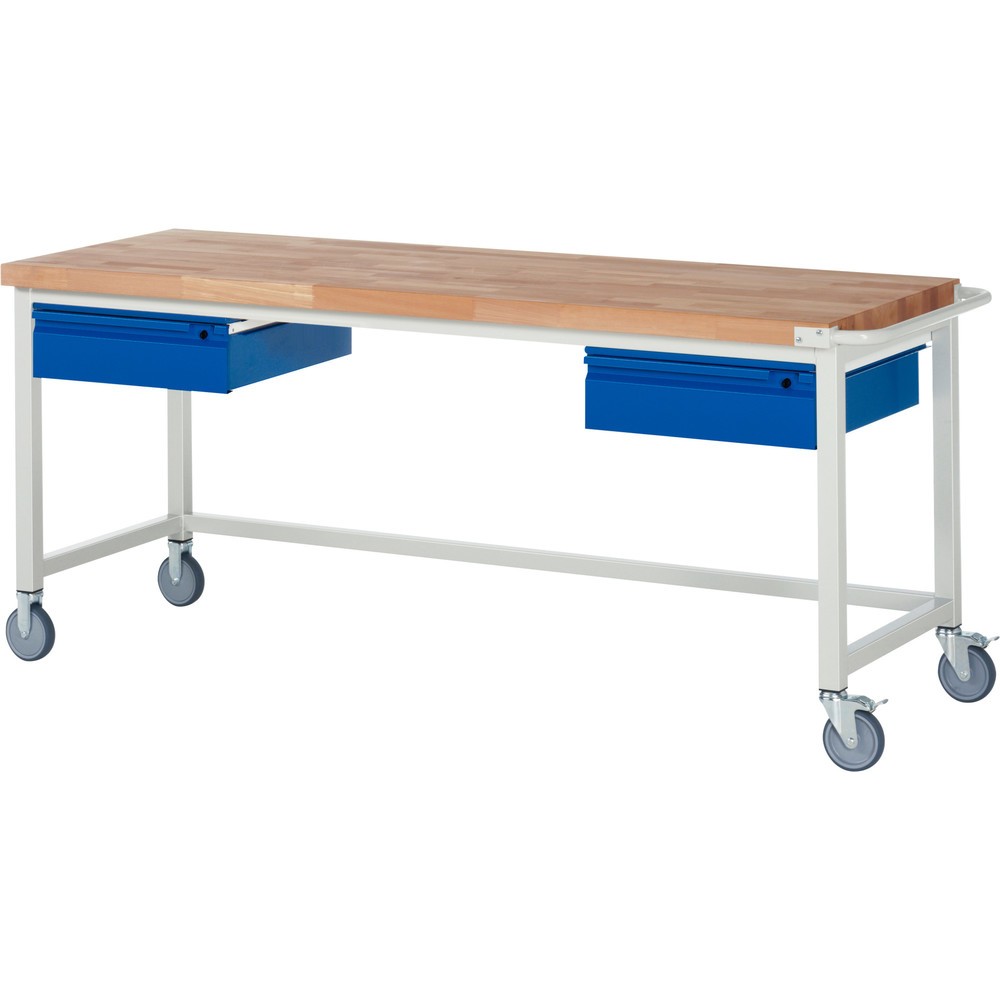 RAU mobile Werkbank Serie 8000, Buche-Massiv-Arbeitsplatte, Stärke 40 mm, HxBxT 880 x 2.000 x 700 mm, 2 Schubladen