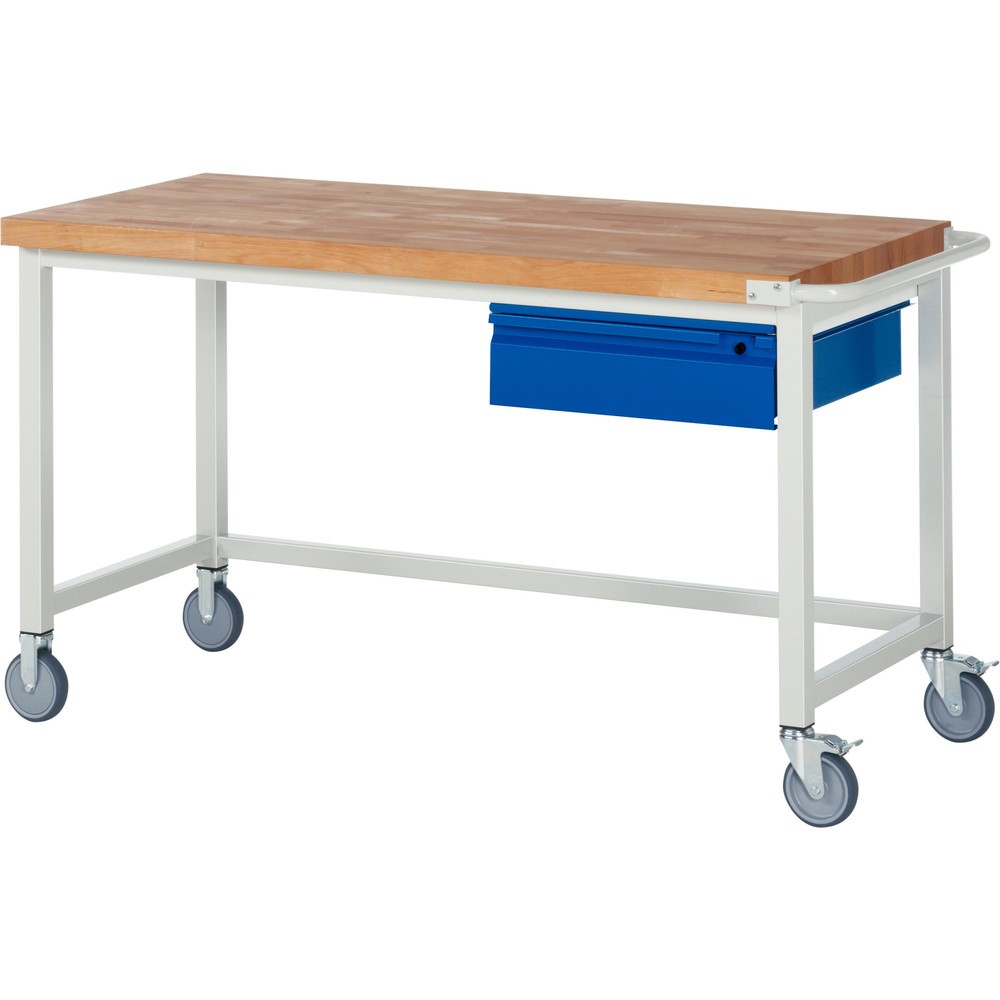 RAU mobile Werkbank Serie 8000, Buche-Massiv-Arbeitsplatte, Stärke 40 mm, HxBxT 880 x 1.500 x 700 mm, 1 Schublade