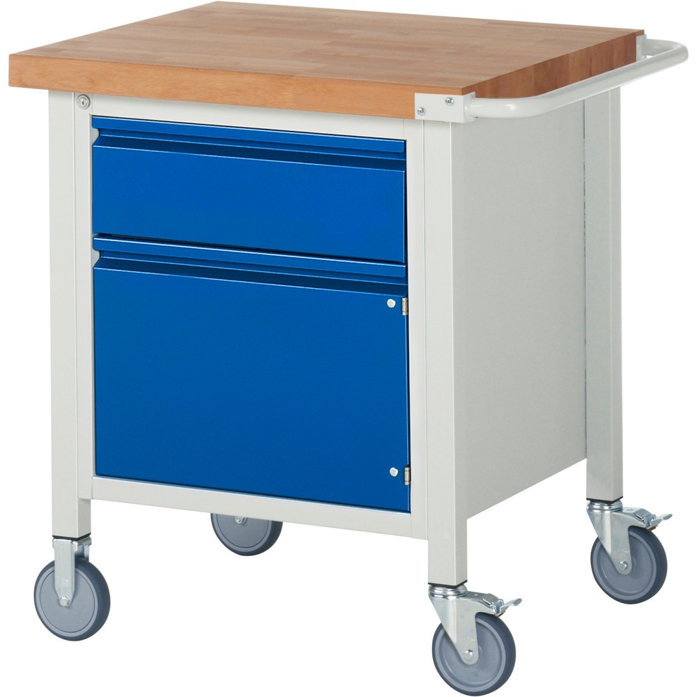 RAU mobile Werkbank Serie 8000, HxBxT 880 x 750 x 700 mm, 1 Container, 1 Flügeltür, 1 Schublade, eintegrierte Griffleiste