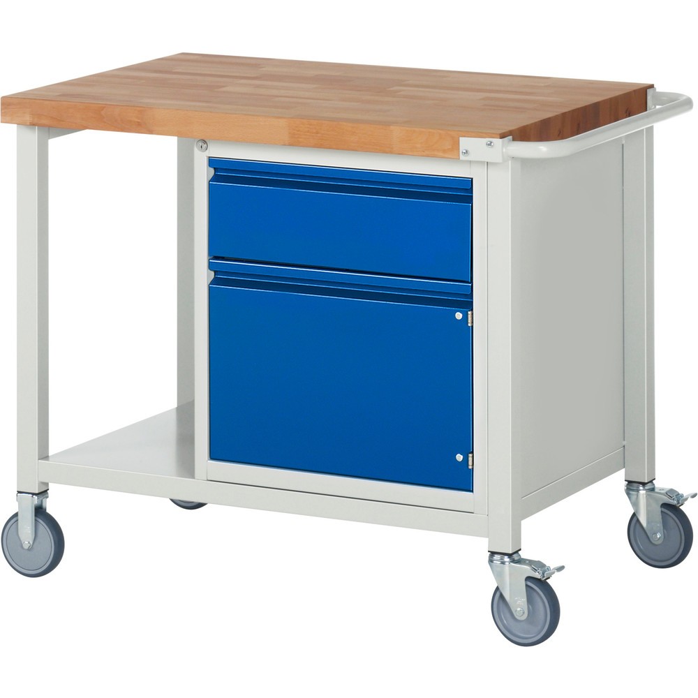 RAU mobile Werkbank Serie 8000, HxBxT 880 x 1.000 x 700 mm, 1 Container, 1 Ablageboden, 1 Flügeltür, 1 x 90%-Auszug-Schublade, Griffleiste