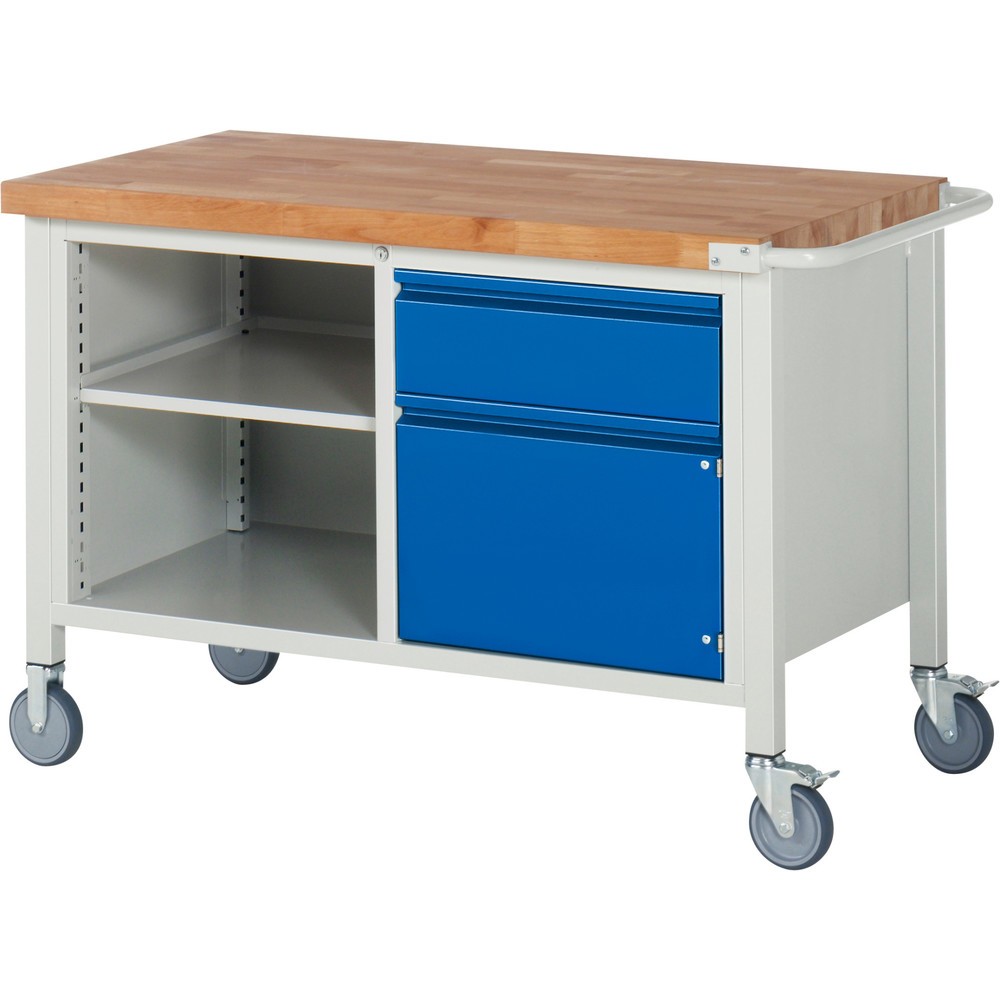 RAU mobile Werkbank Serie 8000, 1 Doppel-Container, 1 Fachboden, 1 Flügeltür, HxBxT 880 x 1.250 x 700 mm, 1 Schublade