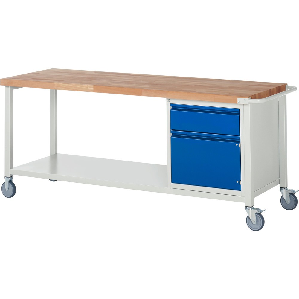 RAU mobile Werkbank Serie 8000, HxBxT 880 x 2.000 x 700 mm, 1 Container, 1 Ablageboden, 1 Flügeltür, 1 x 90%-Auszug-Schublade, Griffleiste