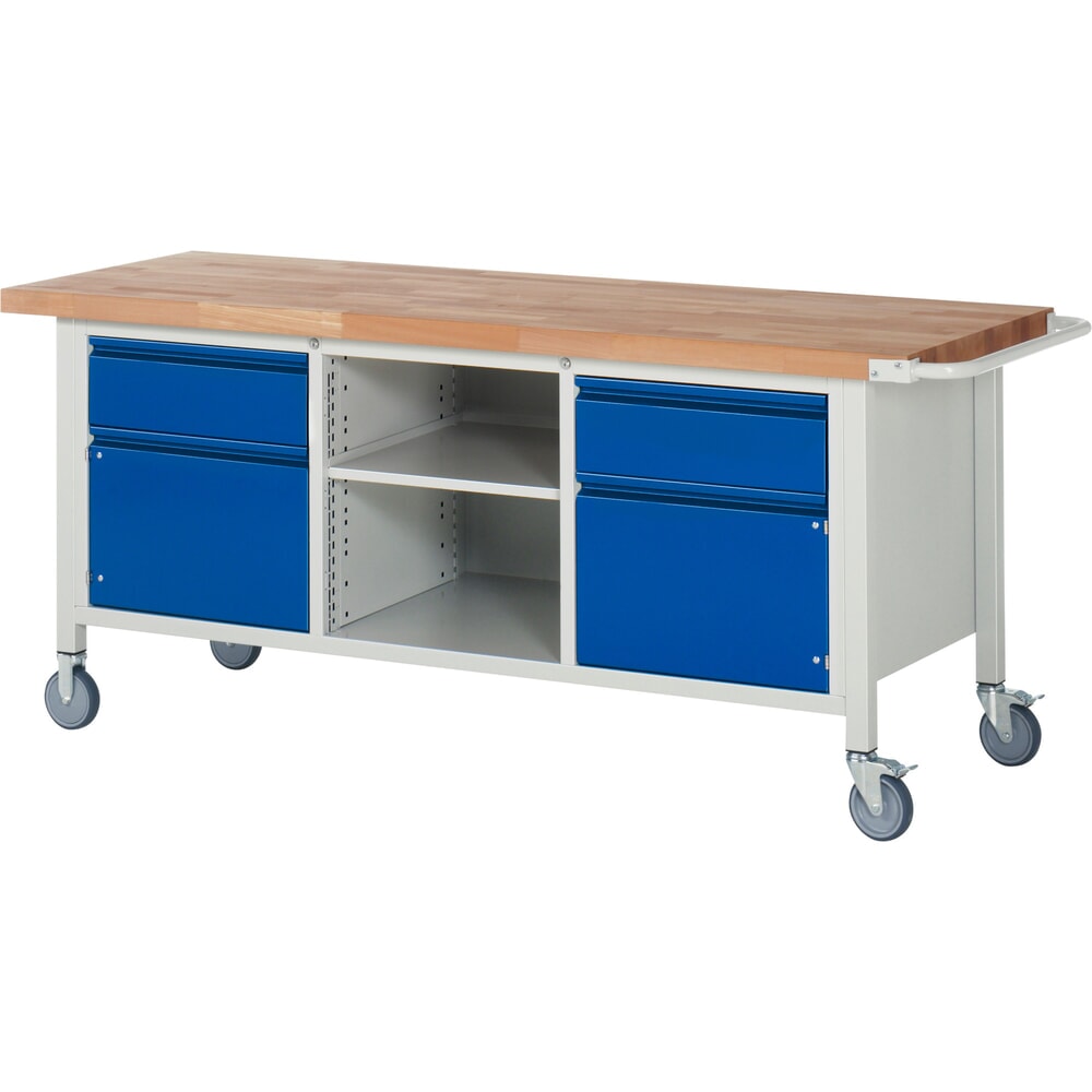 RAU mobile Werkbank Serie 8000, 1 Dreifach-Container, 1 Fachboden, 2 Flügeltüren, HxBxT 880 x 2.000 x 700 mm, 2 x 90%-Auszug-Schubladen, integrierte Griffleiste
