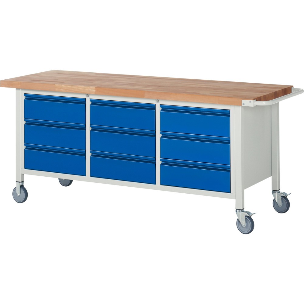 RAU mobile Werkbank Serie 8000, 1 Dreifach-Container, HxBxT 880 x 2.000 x 700 mm, 9 x 90%-Auszug-Schubladen, integrierte Griffleiste