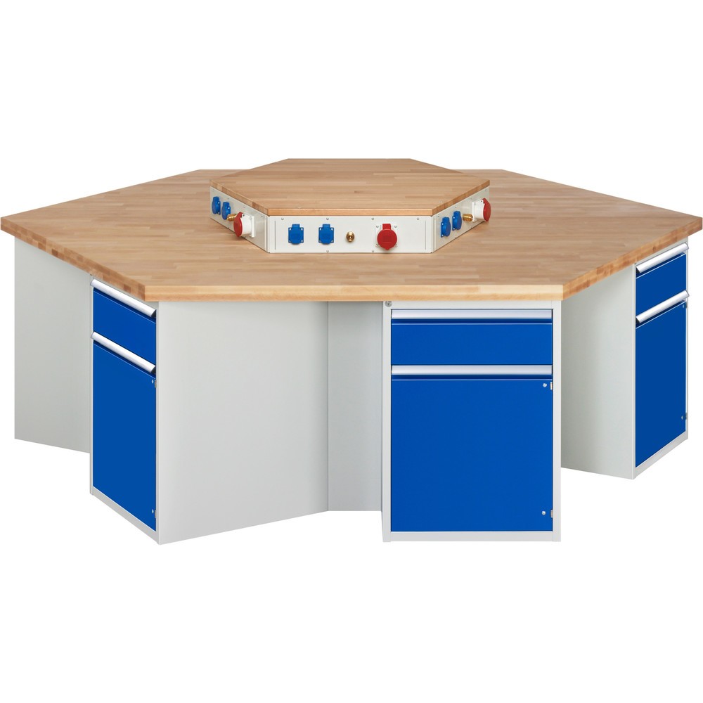 RAU Gruppenwerkbank Serie 4000, Energieaufsatz, 6 Container, HxBxT 840 x 2.700 x 2.340 mm, 6 Flügeltüren, 6 x 100%-Auszug-Schubladen mit ErgoScript®