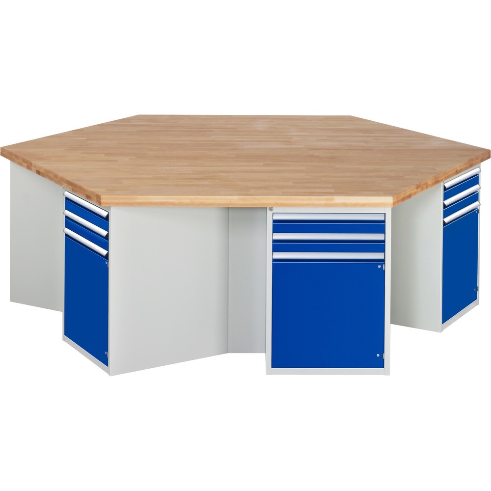 RAU Gruppenwerkbank Serie 4000, 6 Container, HxBxT 840 x 2.700 x 2.340 mm, 6 Flügeltüren, 12 x 100%-Auszug-Schubladen mit ErgoScript®