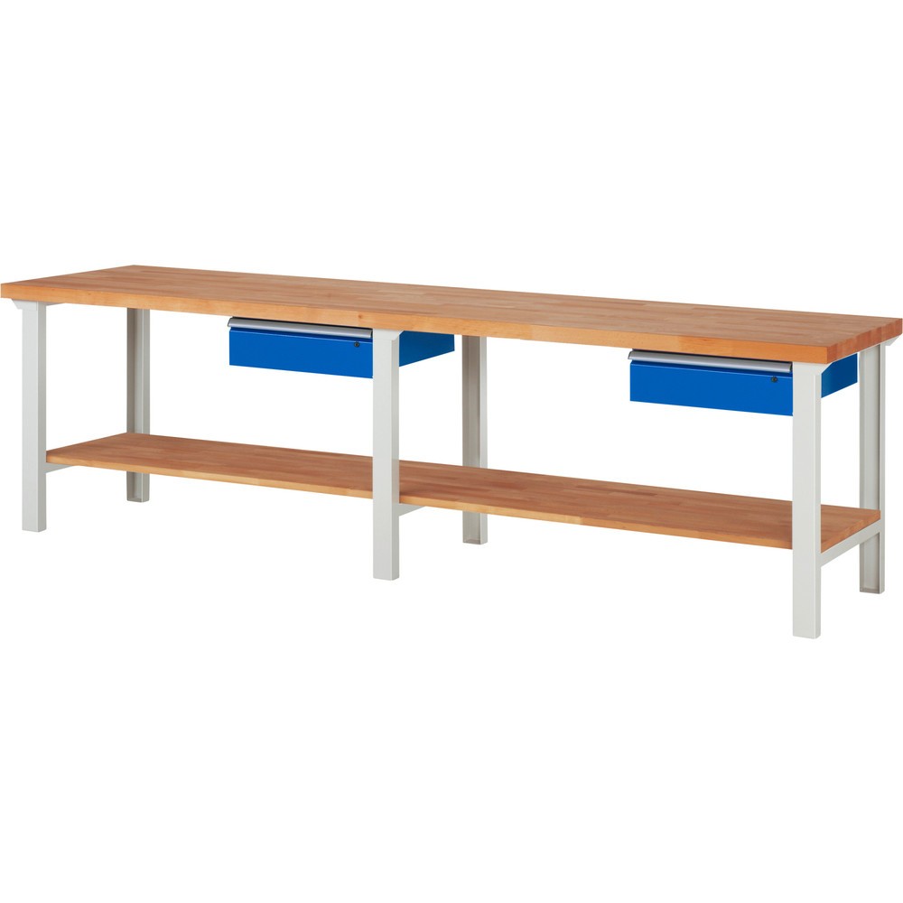 RAU Werkbank Serie 7000, 1 Buche-Massiv-Ablageboden, HxBxT 840 x 3.000 x 700 mm, 2 Schubladen 2 x 150 mm