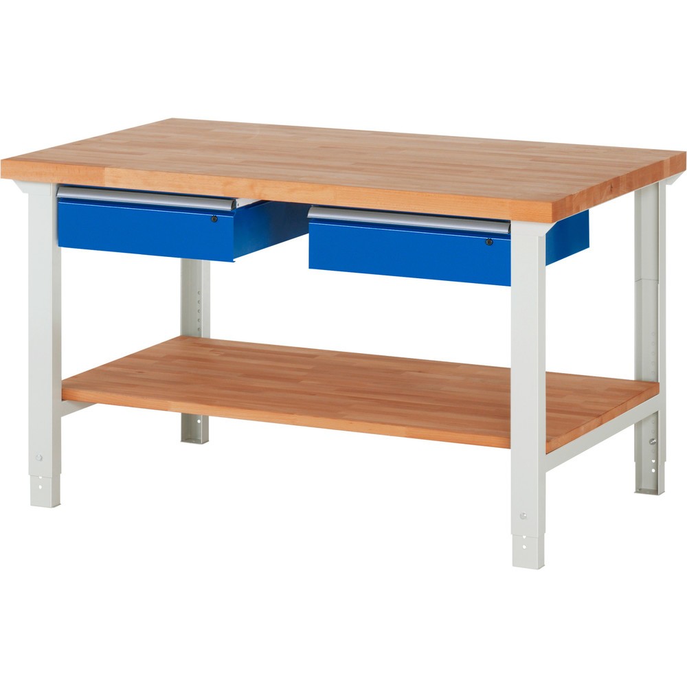 RAU Werkbank Serie 7000, HxBxT 790-1.140 x 1.500 x 900 mm, 1 Ablageboden, 2 Schubladen, ErgoScript