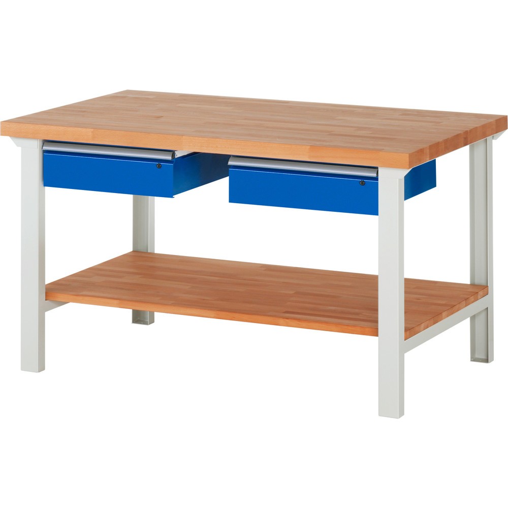 RAU Werkbank Serie 7000, 1 Buche-Massiv-Ablageboden, HxBxT 840 x 1.500 x 900 mm, 2 Schubladen 2 x 150 mm