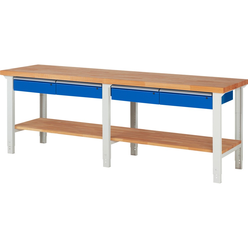 RAU Werkbank Serie 7000, 1 Buche-Massiv-Ablageboden, HxBxT 790-1.140 x 2.500 x 700 mm, 4 Schubladen 4 x 150 mm