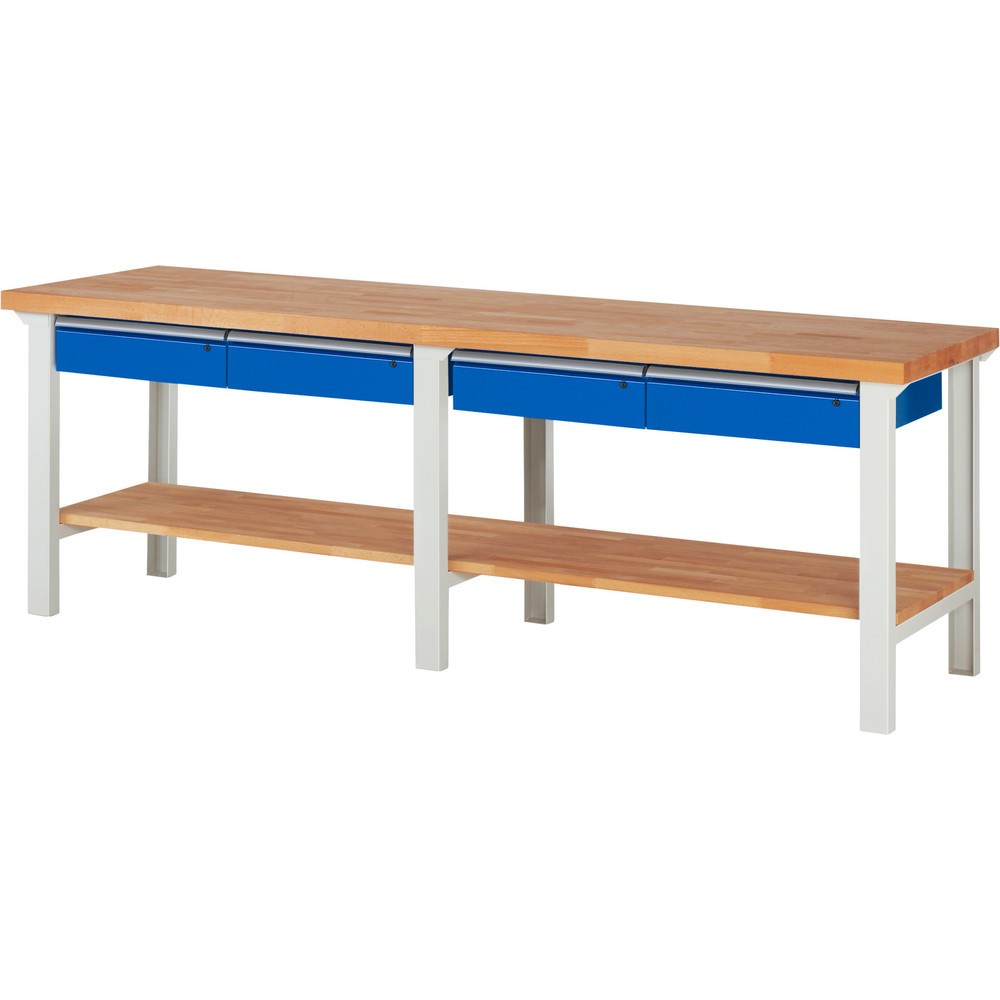RAU Werkbank Serie 7000, 1 Buche-Massiv-Ablageboden, HxBxT 840 x 2.500 x 700 mm, 4 Schubladen 4 x 150 mm