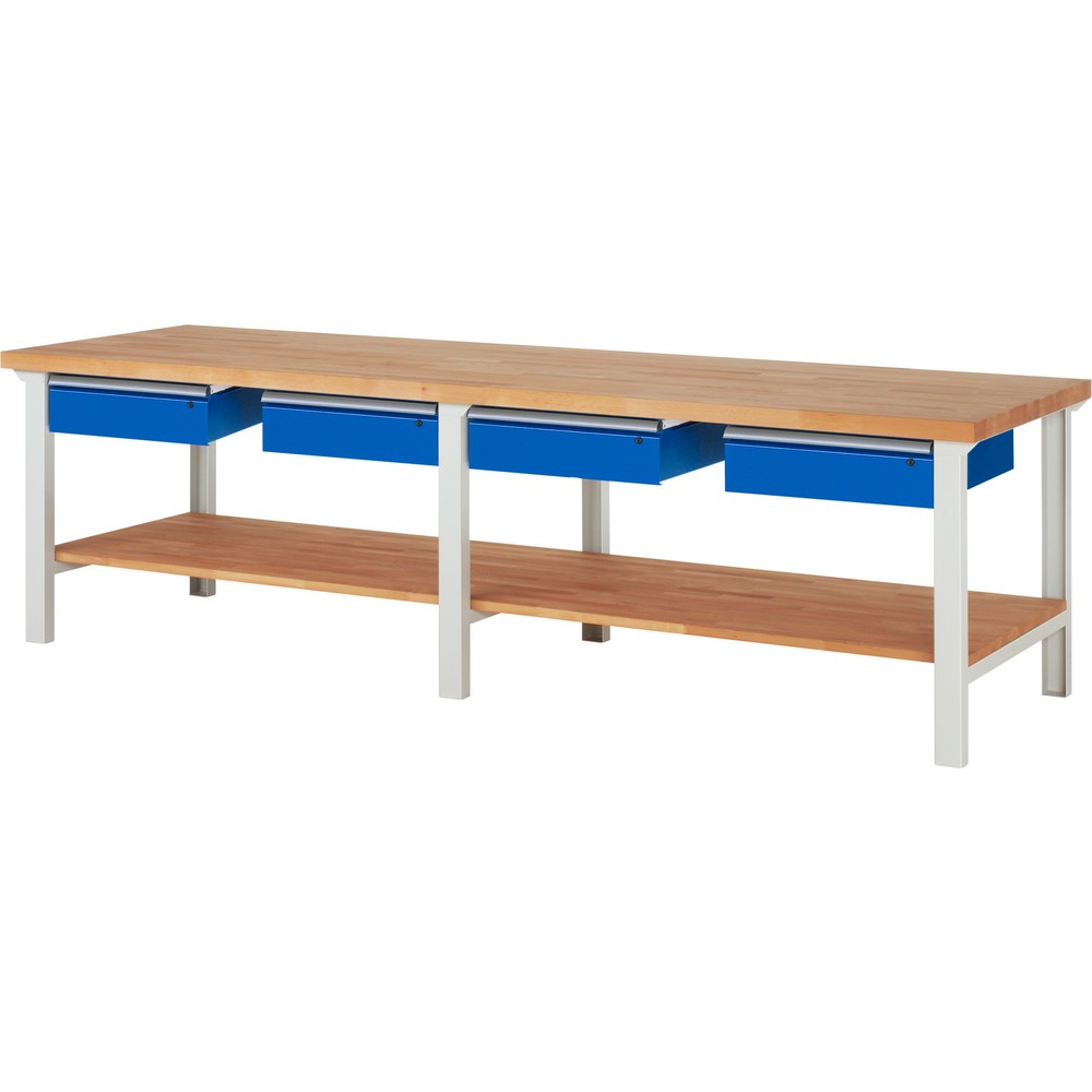 RAU Werkbank Serie 7000, 1 Buche-Massiv-Ablageboden, HxBxT 840 x 3.000 x 900 mm, 4 Schubladen 4 x 150 mm