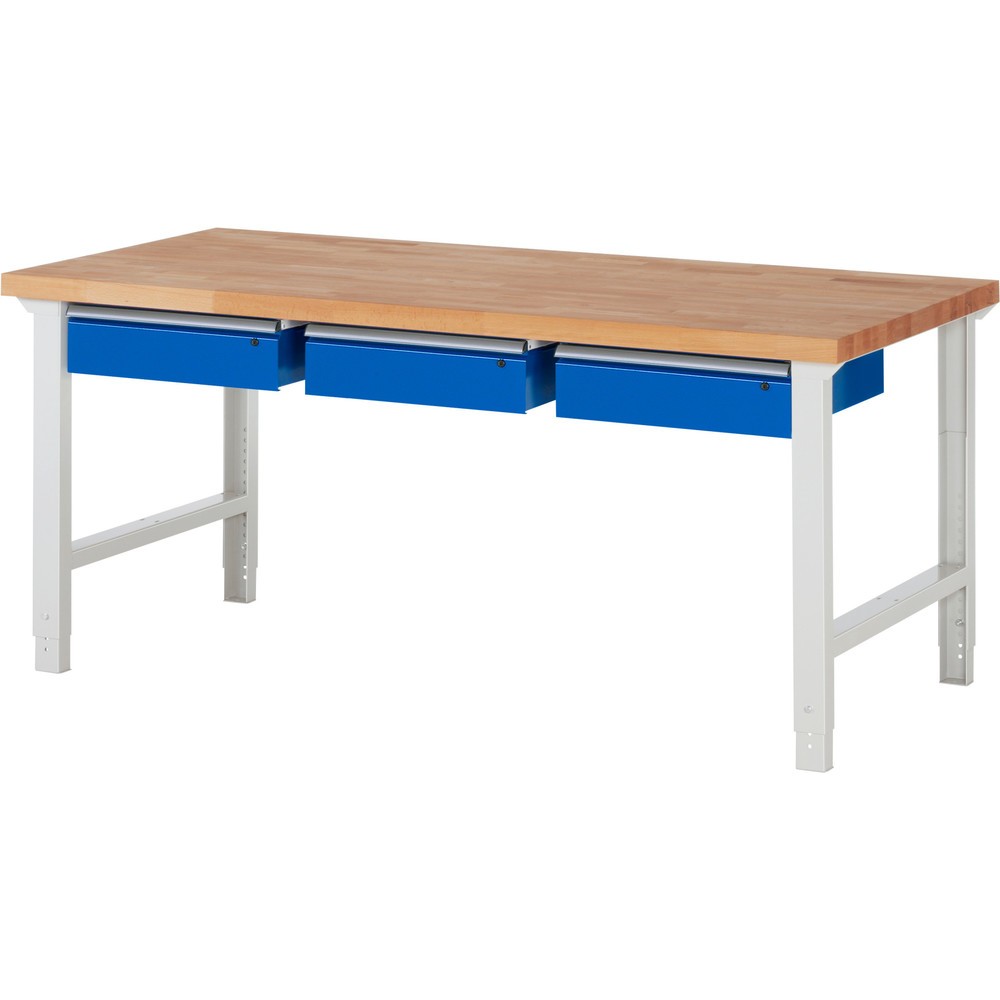 RAU Werkbank Serie 7000, HxBxT 790-1.140 x 2.000 x 900 mm, 3 Schubladen 3 x 150 mm, Schubladen-TK 50 kg
