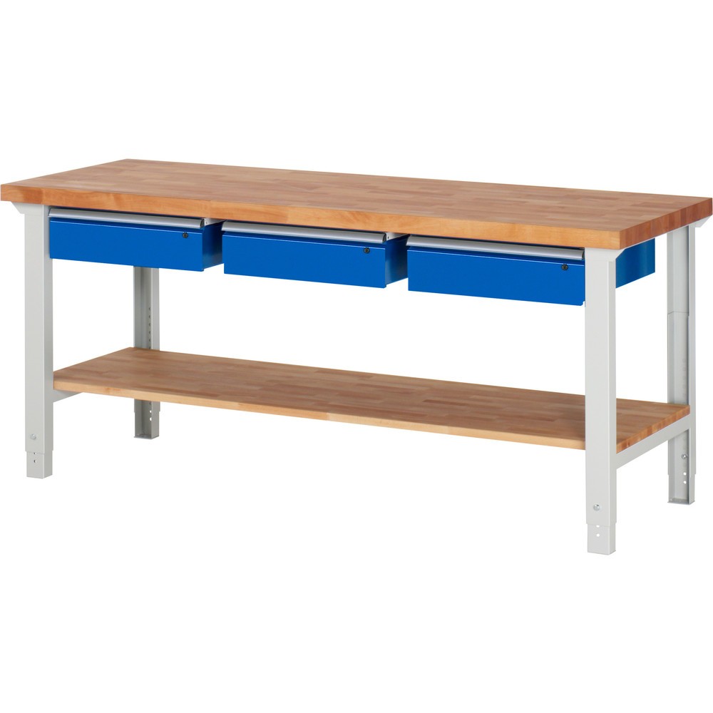 RAU Werkbank Serie 7000, 1 Buche-Massiv-Ablageboden, HxBxT 790-1.140 x 2.000 x 700 mm, 3 Schubladen 3 x 150 mm