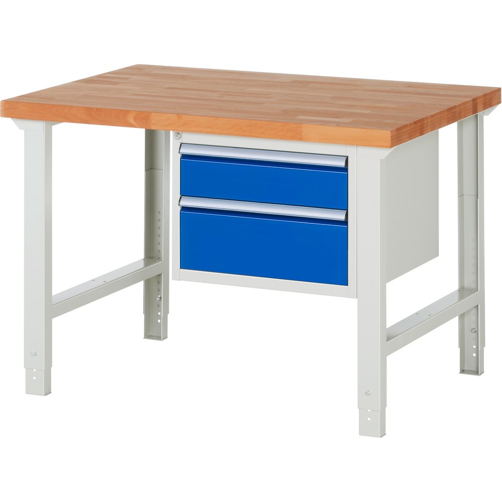 RAU Werkbank Serie 7000, 1 Container, HxBxT 790-1.140 x 1.250 x 900 mm, 2 x 90%-Auszug-Schubladen 1 x 150, 1 x 210 mm