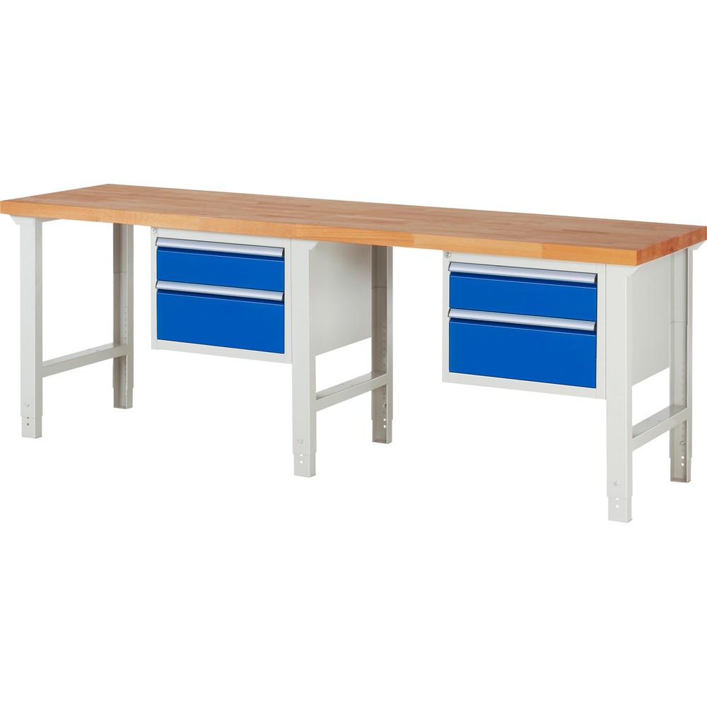 RAU Werkbank Serie 7000, 2 Container, HxBxT 790-1.140 x 2.500 x 700 mm, 4 x 90%-Auszug-Schubladen 2 x 150 mm, 2 x 210 mm