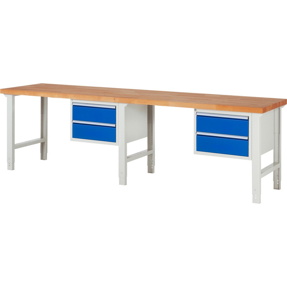 RAU Werkbank Serie 7000, 2 Container, HxBxT 790-1.140 x 3.000 x 700 mm, 4 x 90%-Auszug-Schubladen 4 x 180 mm